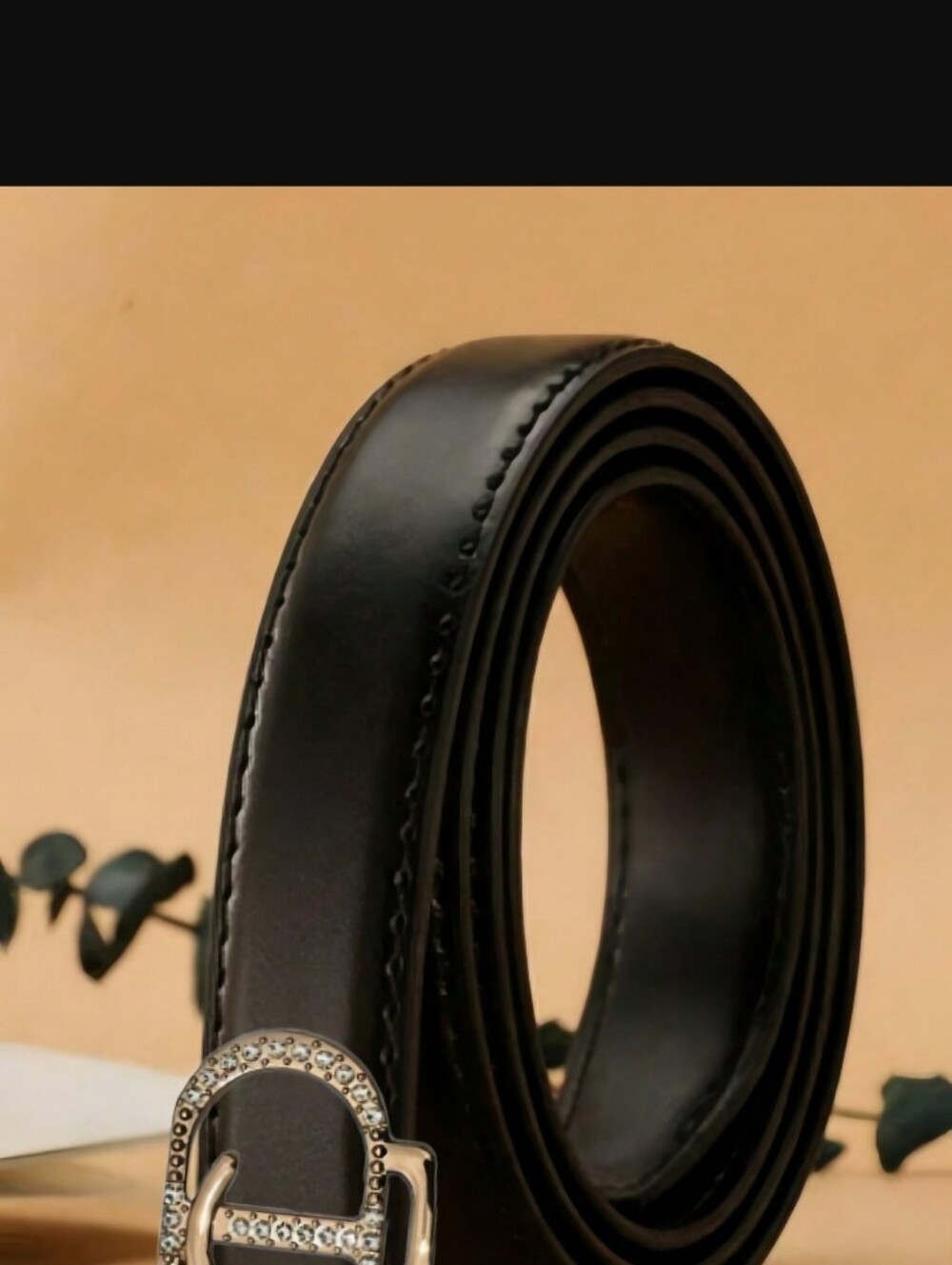 Black Faux Leather Belt with Gold Rhinestone Buckle CD